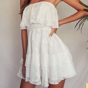 Lulus True Lover White Burnout Floral Ruffled Strapless Mini Dress